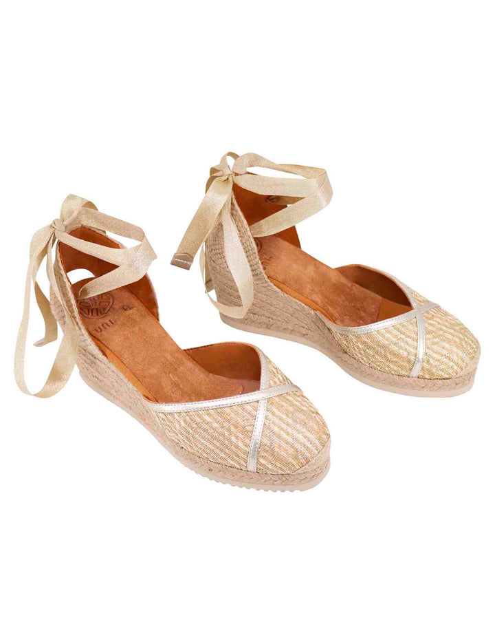 Spatarella Sandali espadrillas donna in tessuto oro e platino con zeppa in corda Nuova