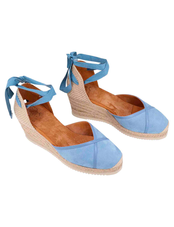 Spatarella Sandali espadrillas donna in camoscio celeste con zeppa in corda Italy