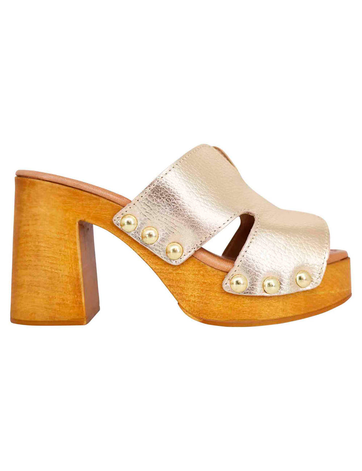 Spatarella Sandali zoccoli donna in pelle platino con fibbie oro e tacco alto Qualità