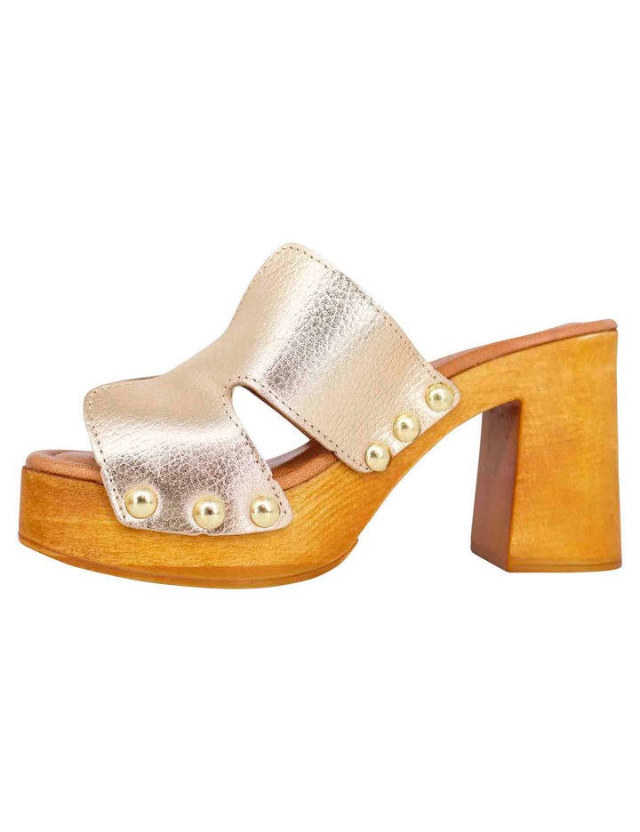 Spatarella Sandali zoccoli donna in pelle platino con fibbie oro e tacco alto Qualità