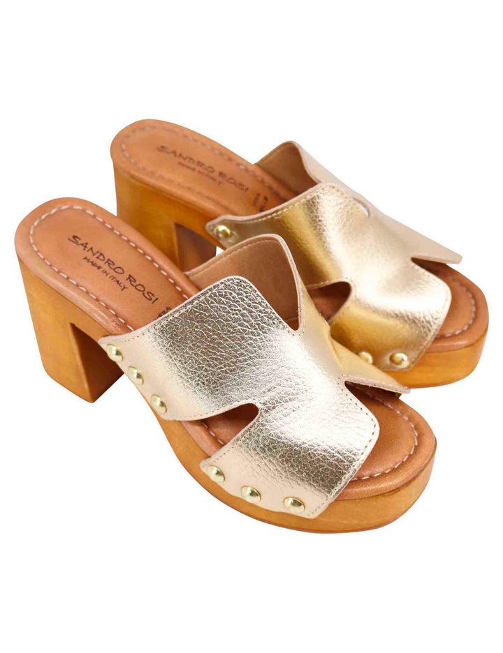 Spatarella Sandali zoccoli donna in pelle platino con fibbie oro e tacco alto Qualità