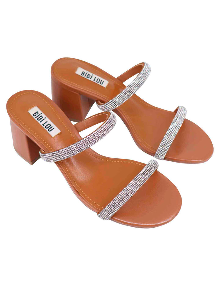 Spatarella Sandali donna in pelle cuoio con fascette in strass e punta tonda Heather Vendita