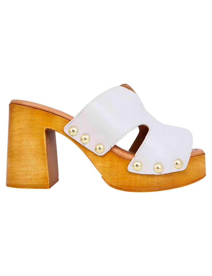 Spatarella Sandali zoccoli donna in pelle bianca con fibbie oro e tacco alto Pezzi Unici