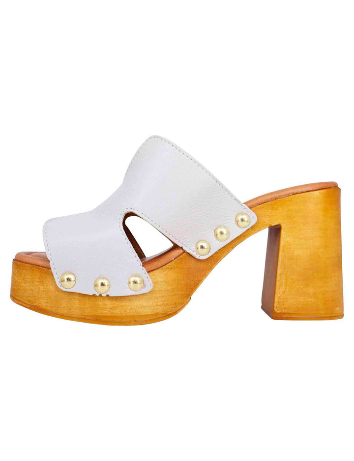 Spatarella Sandali zoccoli donna in pelle bianca con fibbie oro e tacco alto Pezzi Unici
