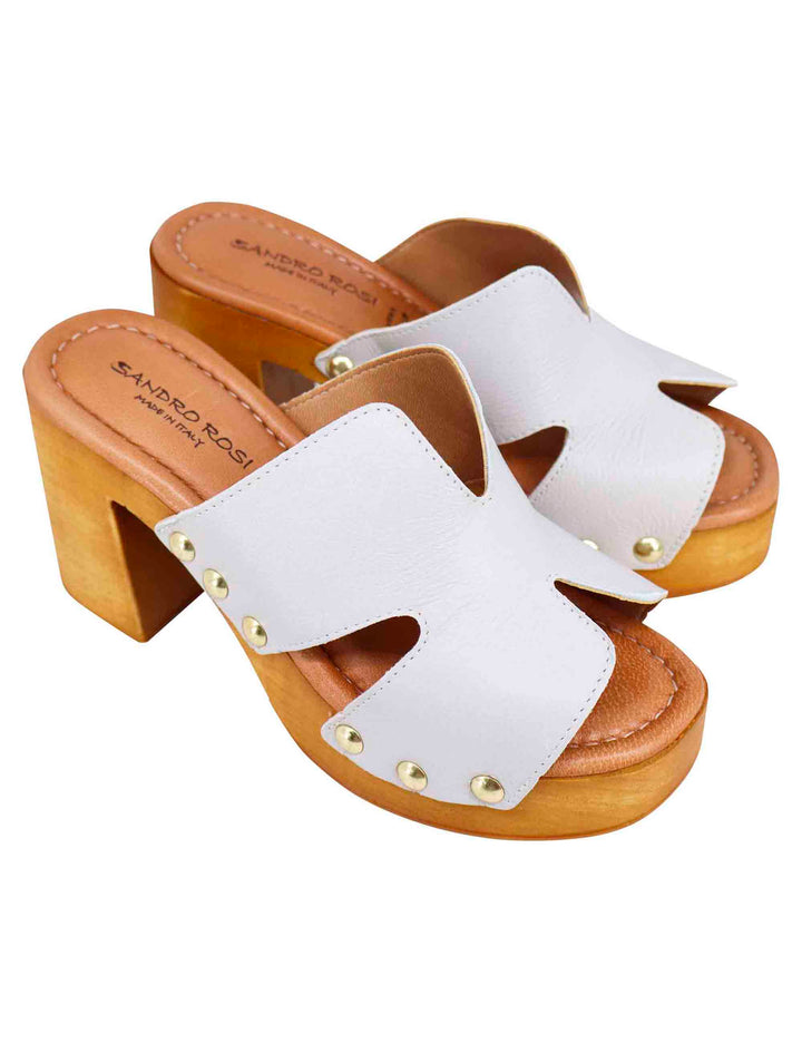 Spatarella Sandali zoccoli donna in pelle bianca con fibbie oro e tacco alto Pezzi Unici