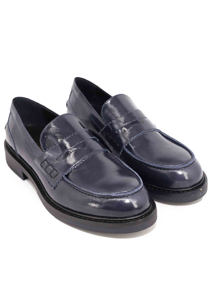 Spatarella Mocassini donna in pelle lucida blu con suola in gomma Sottocosto