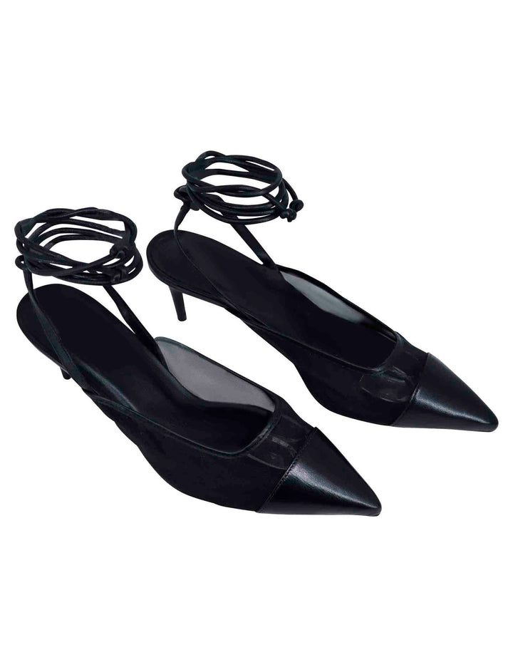 Spatarella Decollete slingback donna in rete e pelle nera con punta a punta e laccetti removibili Enormi risparmi