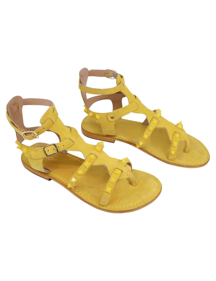 Spatarella Sandali donna gladiatore in camoscio giallo con suola bassa in cuoio Sottocosto