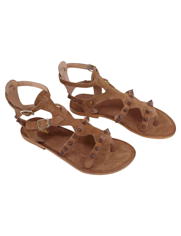 Spatarella Sandali donna gladiatore in camoscio taupe con suola bassa in cuoio Novità
