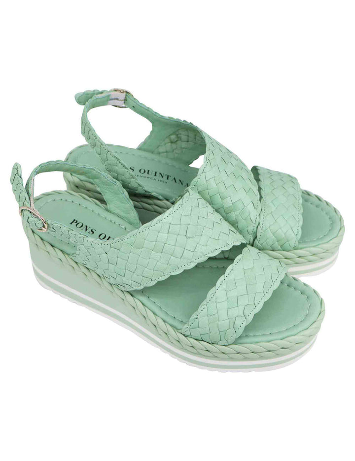 Spatarella Sandali donna in pelle intrecciata verde con zeppa in gomma Presa