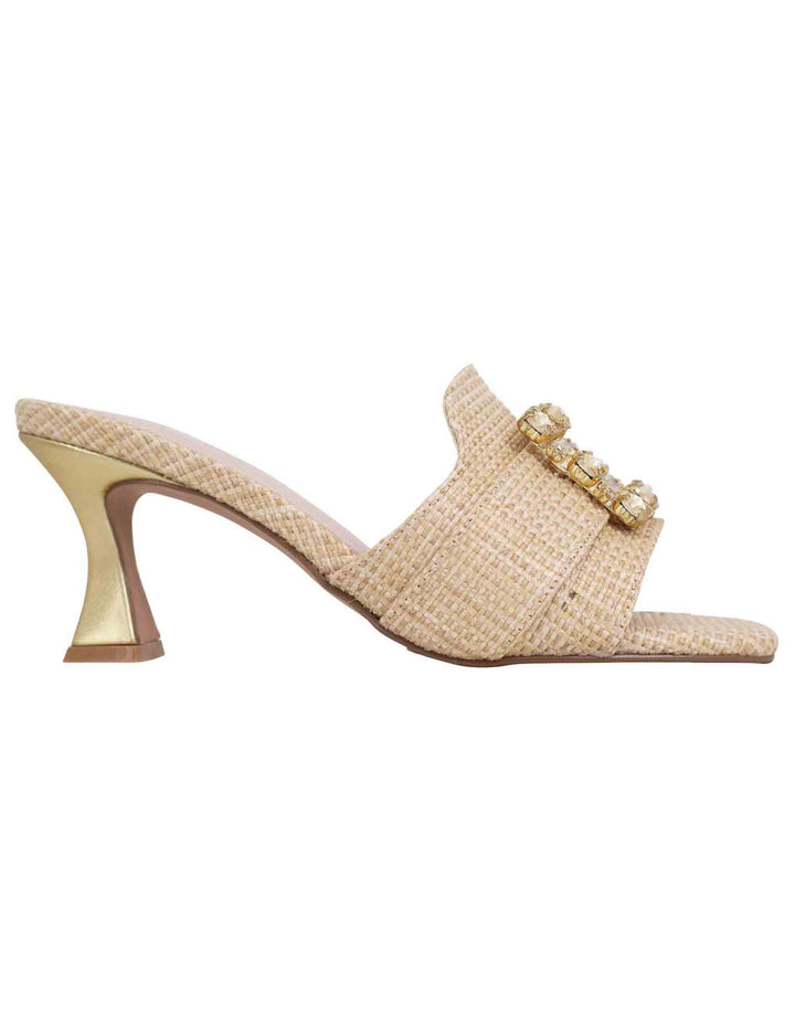 Spatarella Sandali donna in tessuto rafia beige con morsetto e tacco oro Outlet