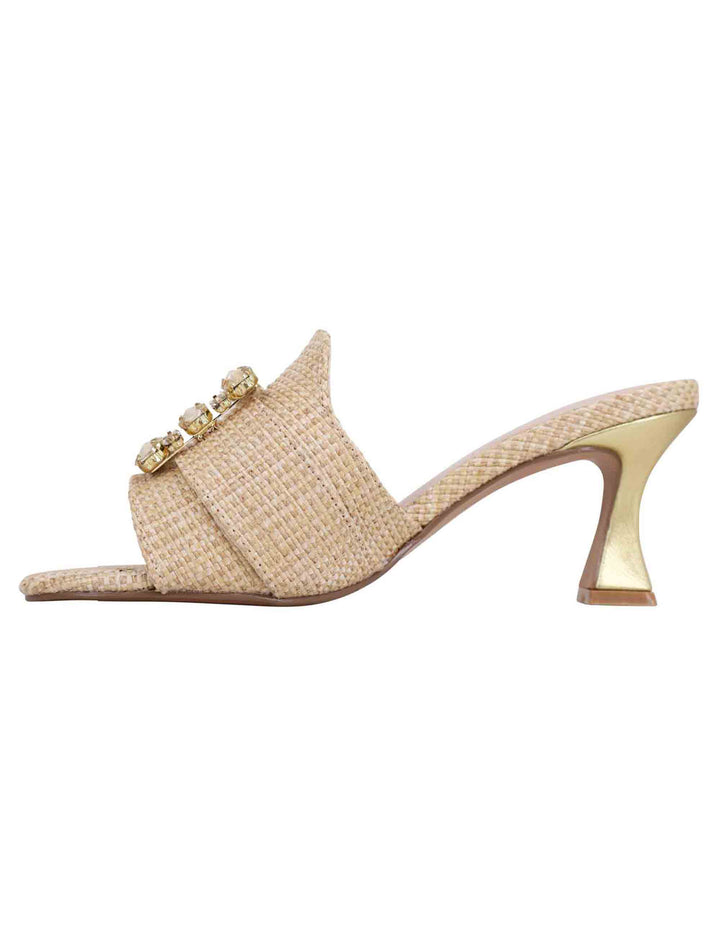 Spatarella Sandali donna in tessuto rafia beige con morsetto e tacco oro Outlet