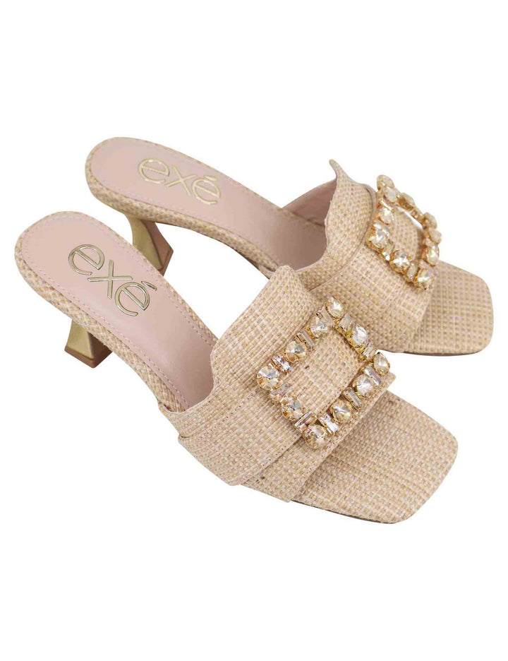 Spatarella Sandali donna in tessuto rafia beige con morsetto e tacco oro Outlet