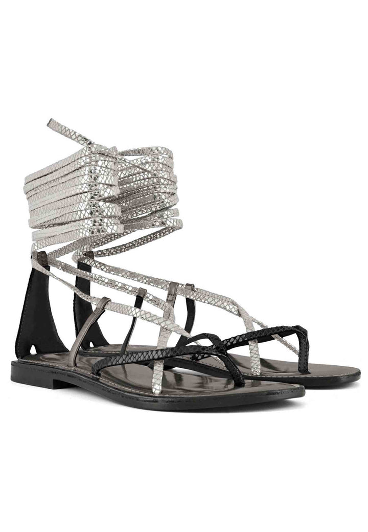Spatarella Sandali flat donna infradito in pelle nera con lacci alla caviglia Moda