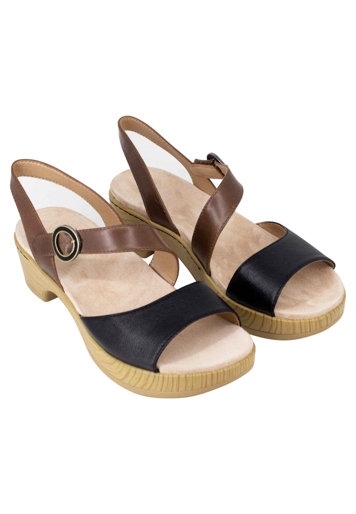 Spatarella Sandali donna in pelle nera e marrone con zeppa e cinturino Promozione