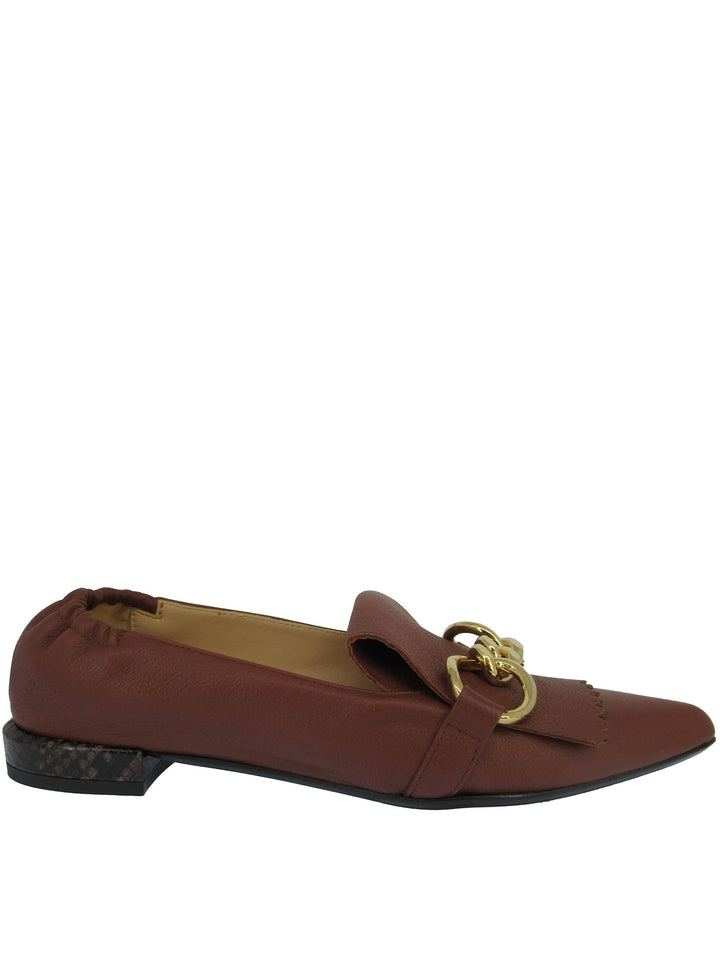 Spatarella Calzature Donna Mocassini In Pelle Cuoio con Frange e Catena Oro Punta a Punta e Tacco Basso Online