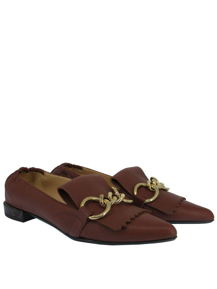 Spatarella Calzature Donna Mocassini In Pelle Cuoio con Frange e Catena Oro Punta a Punta e Tacco Basso Online