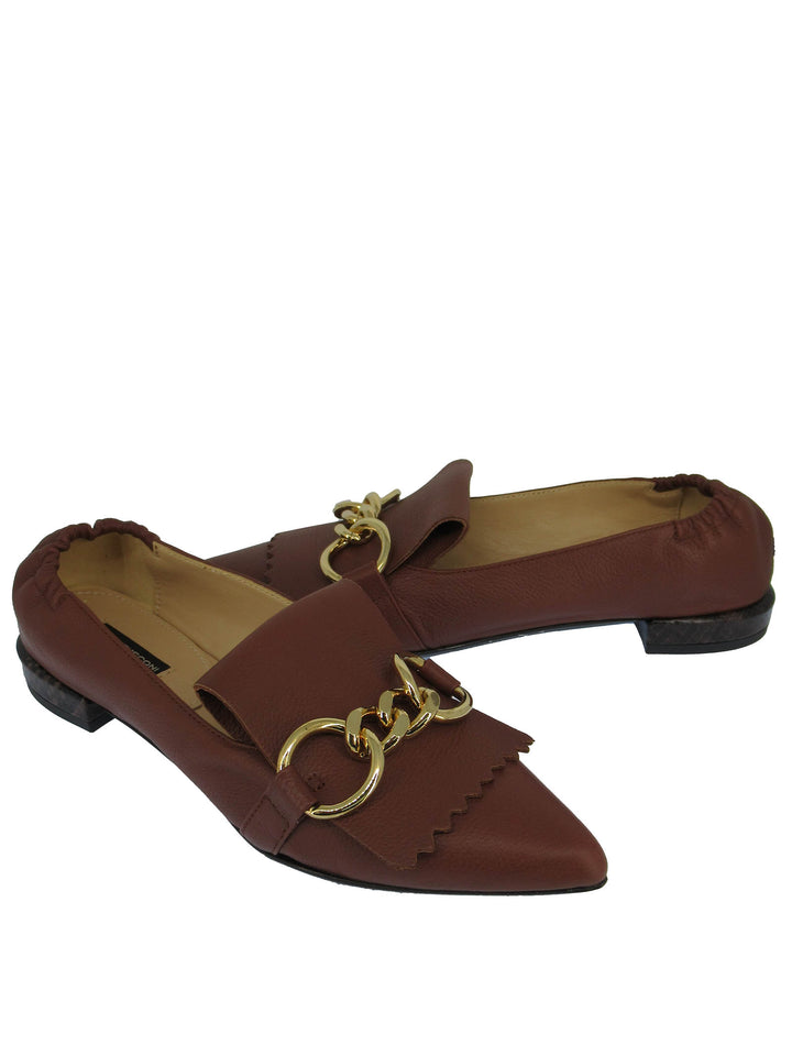 Spatarella Calzature Donna Mocassini In Pelle Cuoio con Frange e Catena Oro Punta a Punta e Tacco Basso Online