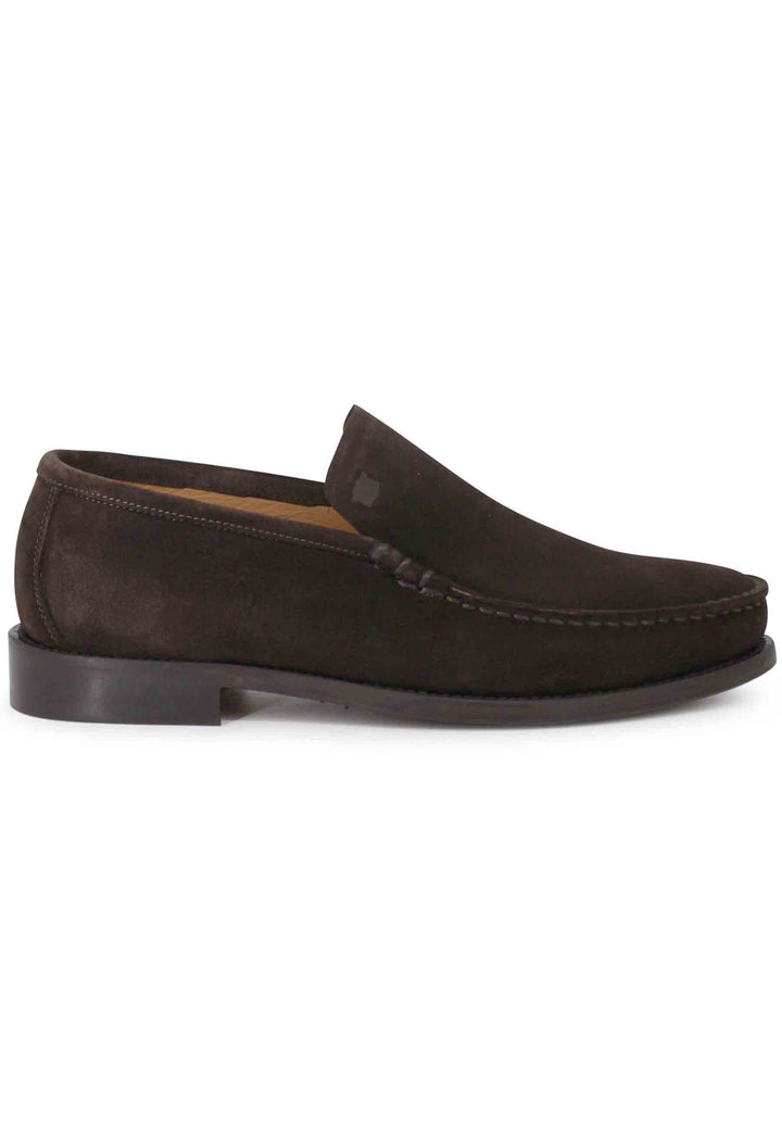 Spatarella Mocassini uomo in camoscio marrone con patta liscia e suola in cuoio cucita Negozio