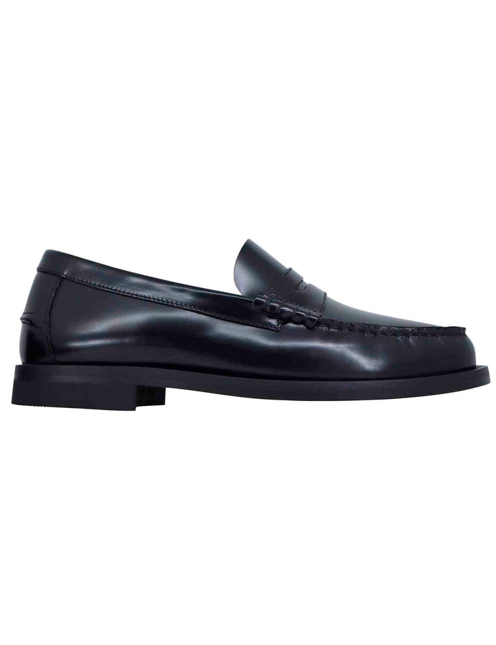 Spatarella Mocassini uomo in pelle nera con suola in cuoio cucita