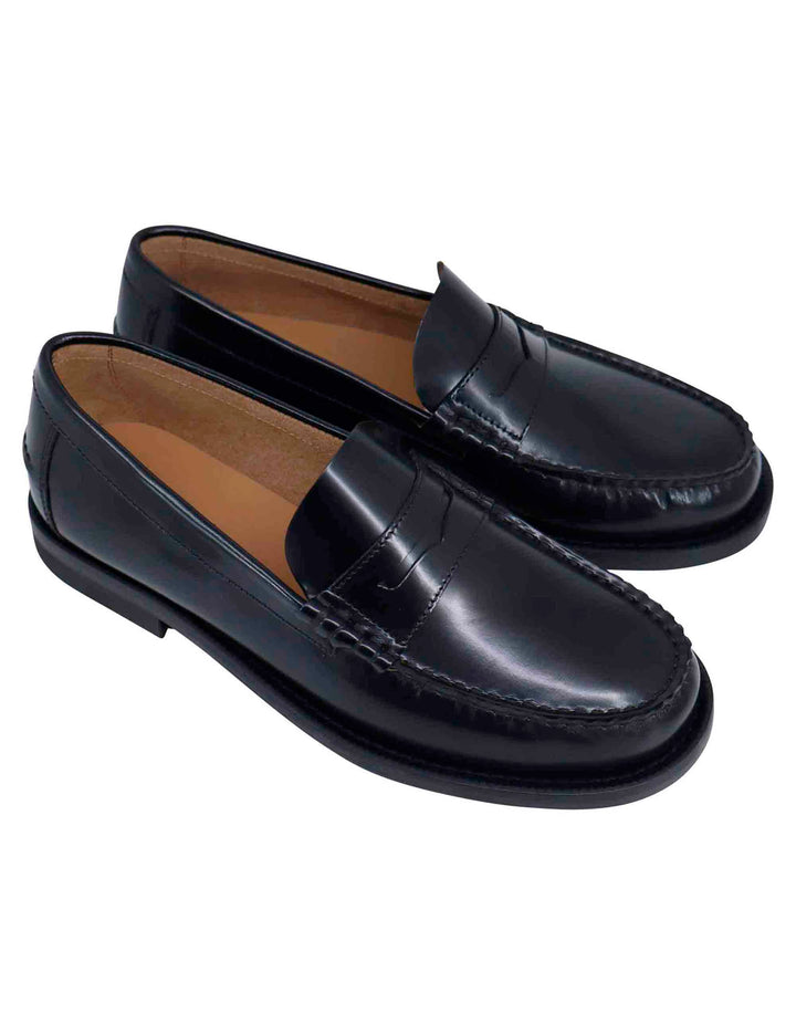 Spatarella Mocassini uomo in pelle nera con suola in cuoio cucita Italy