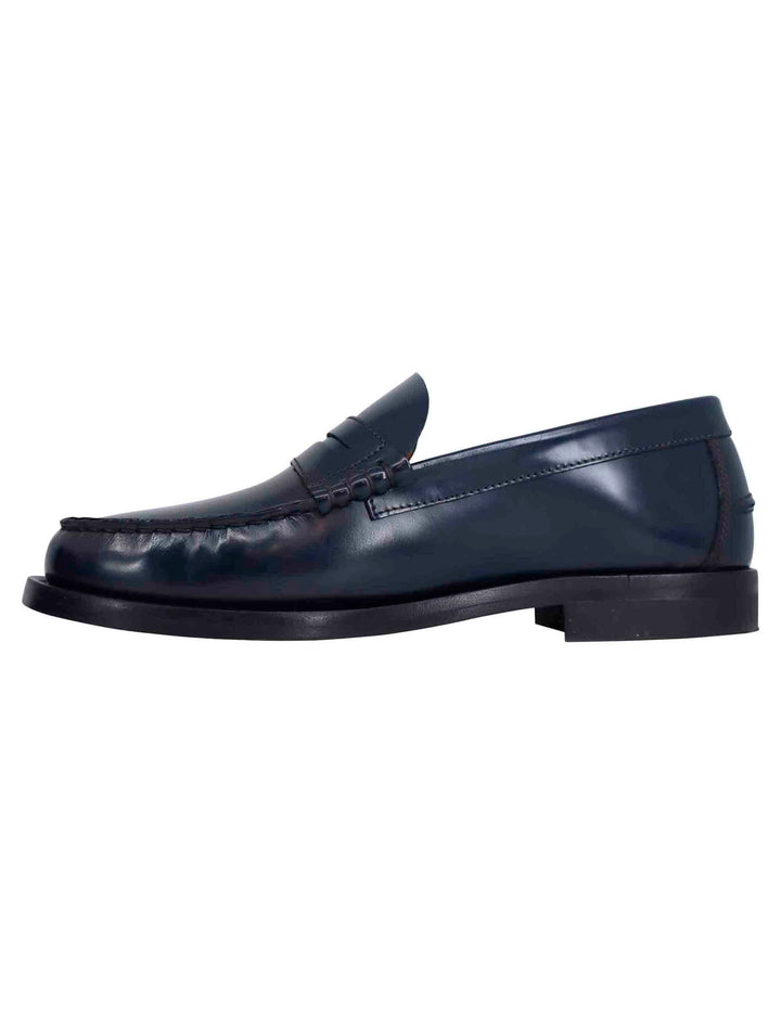 Spatarella Mocassini uomo in pelle blu con suola in cuoio cucita Italia