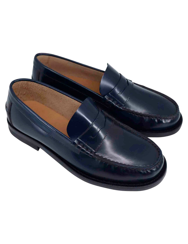 Spatarella Mocassini uomo in pelle blu con suola in cuoio cucita Italia
