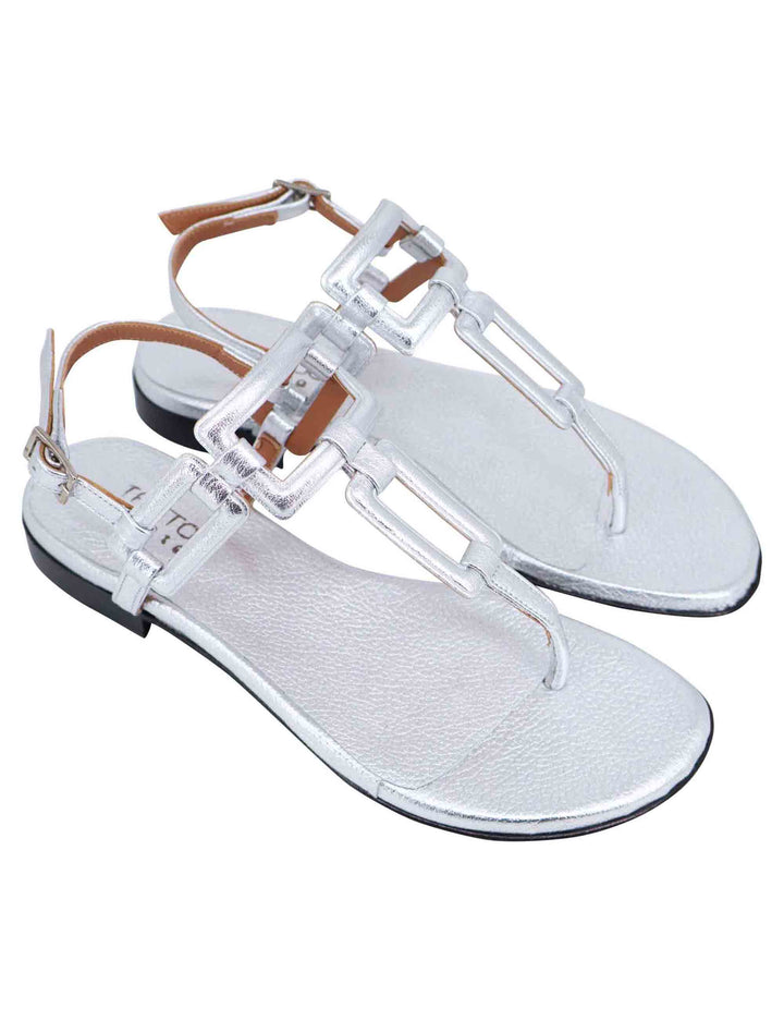 Spatarella Sandali flat slingback infradito donna in pelle laminata argento Sconto
