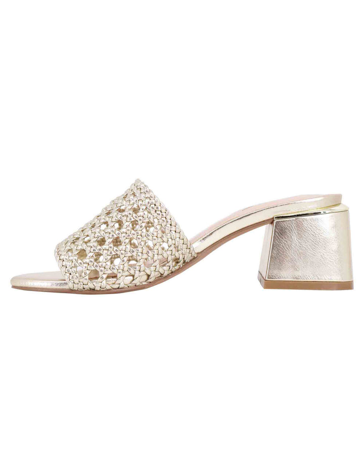 Spatarella Sandali donna in eco pelle oro intrecciata con punta quadra Economico