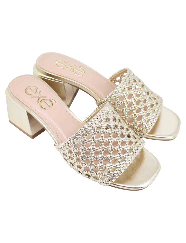 Spatarella Sandali donna in eco pelle oro intrecciata con punta quadra Economico