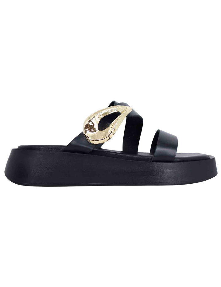 Spatarella Sandali donna in pelle nera con accessorio oro e zeppa in gomma Outlet