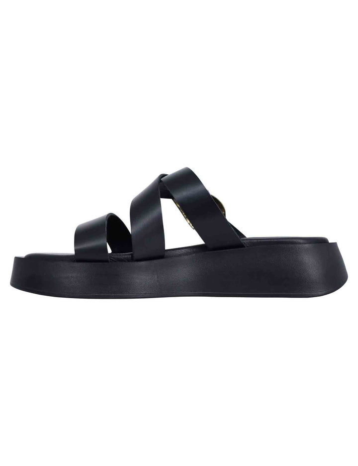 Spatarella Sandali donna in pelle nera con accessorio oro e zeppa in gomma Outlet