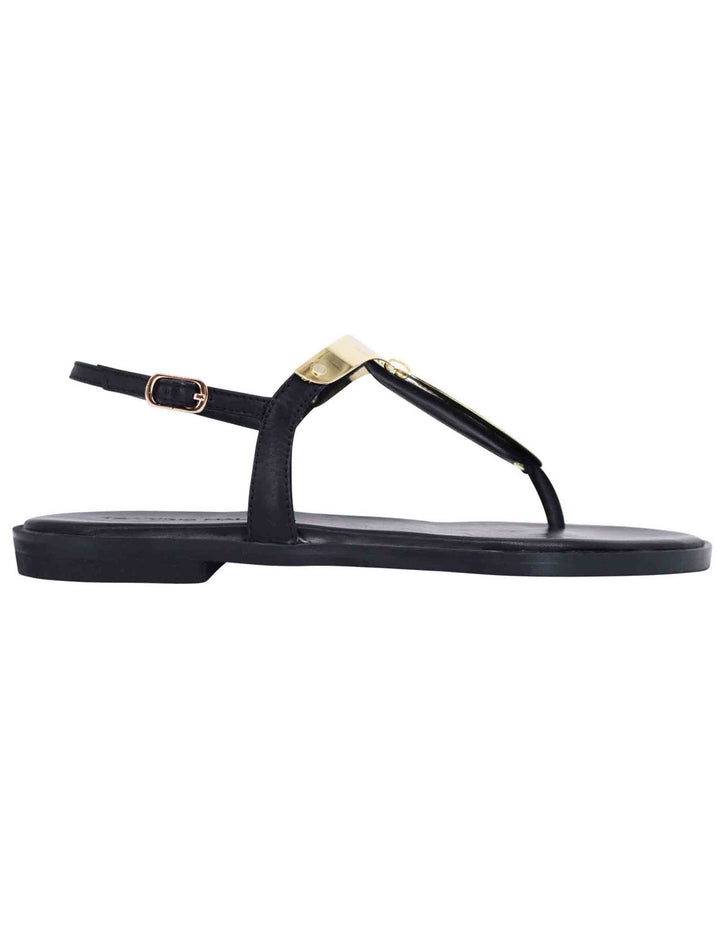 Spatarella Sandali bassi donna infradito in pelle nera con placche in oro Offerte