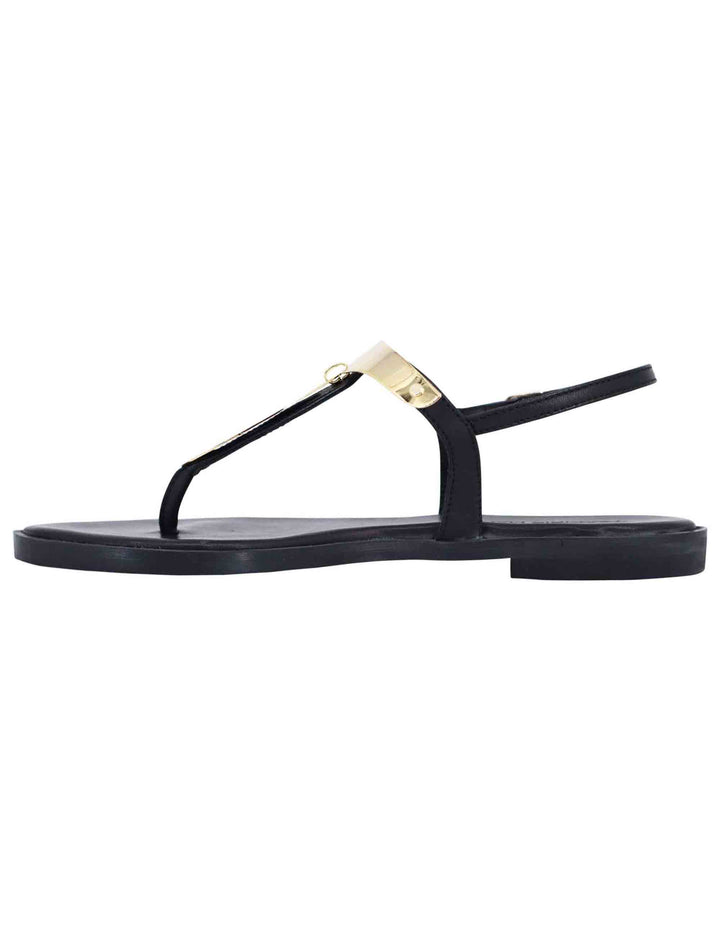 Spatarella Sandali bassi donna infradito in pelle nera con placche in oro Offerte