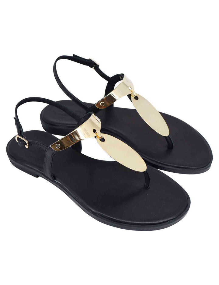 Spatarella Sandali bassi donna infradito in pelle nera con placche in oro Offerte