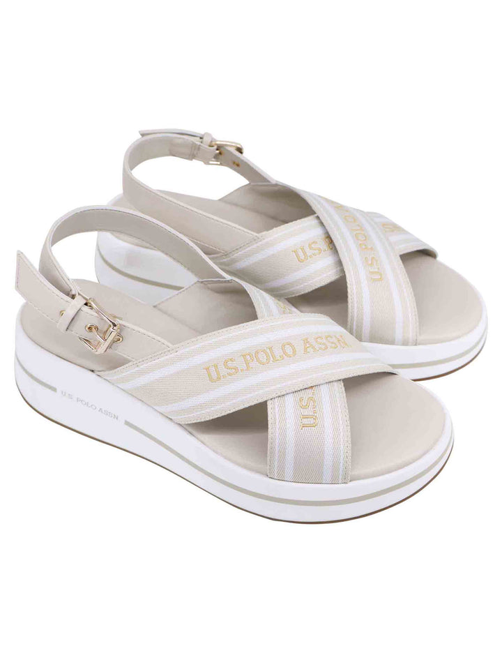 Spatarella Sandali slingback donna in tessuto beige con zeppa in gomma Vendita Calda