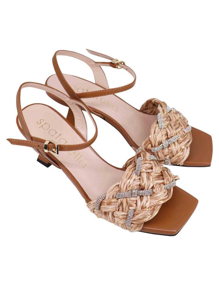 Spatarella Sandali donna in pelle cuoio con raffia e strass a tacco alto 2025