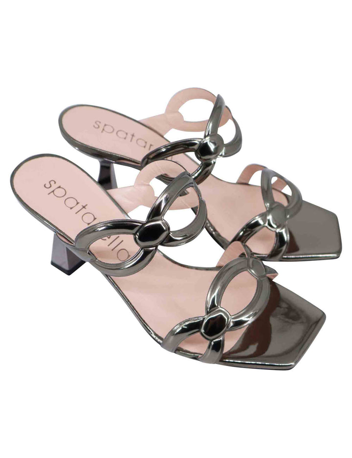 Spatarella Sandali donna in pelle laminata grigia con tacco alto e punta quadra Italy