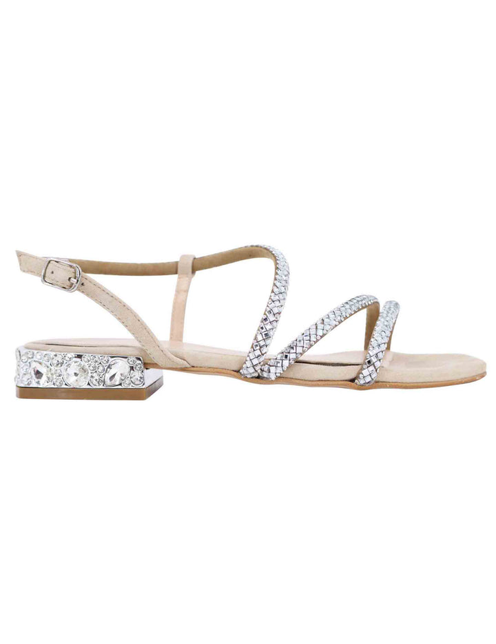 Spatarella Sandali bassi slingback donna in camoscio beige con strass e tacco gioiello Italia