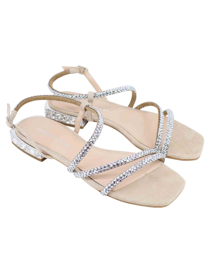 Spatarella Sandali bassi slingback donna in camoscio beige con strass e tacco gioiello Italia
