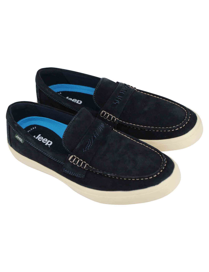 Spatarella Mocassini uomo Moki Suede in camoscio blu con suola in gomma bianca Promozione Limitata
