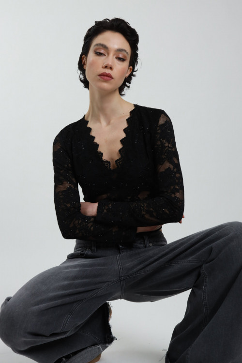 Susy Mix Maglia Pizzo Scollo V con Paillettes Vendite Flash
