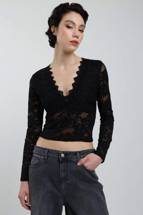 Susy Mix Maglia Pizzo Scollo V con Paillettes Vendite Flash