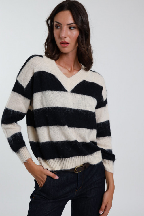 Susy Mix Maglione Rigato Scollo V Promozione Limitata