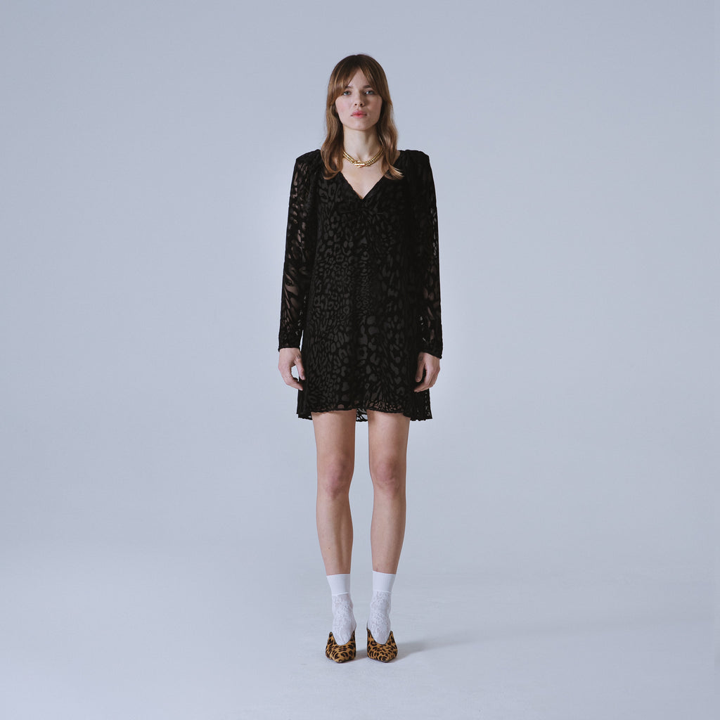 Sveta Milano Abito Yale con motivo leopardo su velluto nero Saldi Di Fabbrica
