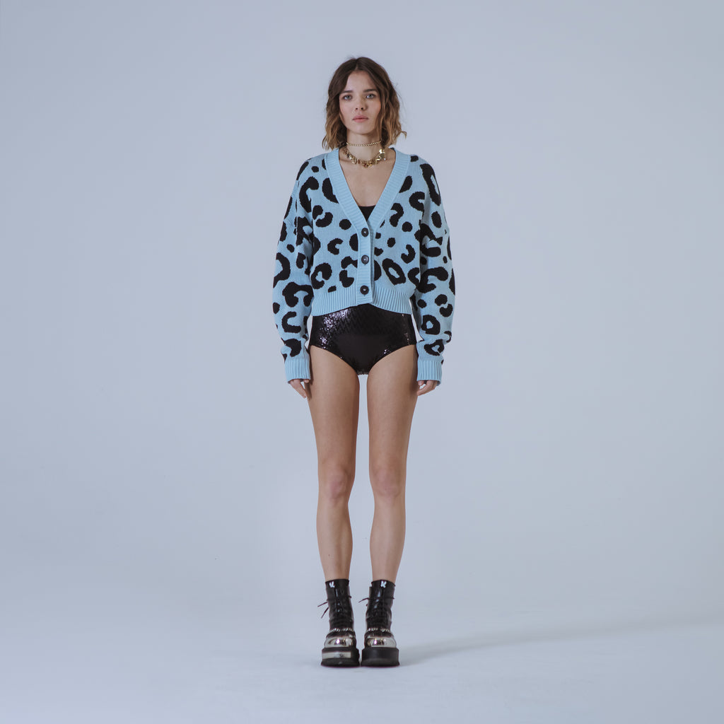 Sveta Milano Cardigan corto jacquard Dakota in azzurro e nero 2025