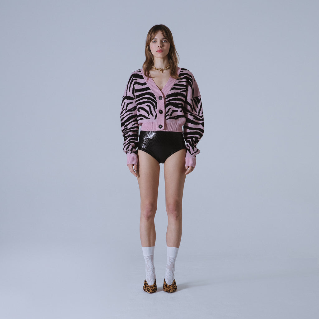 Sveta Milano Cardigan corto jacquard Dakota in rosa e nero Italia