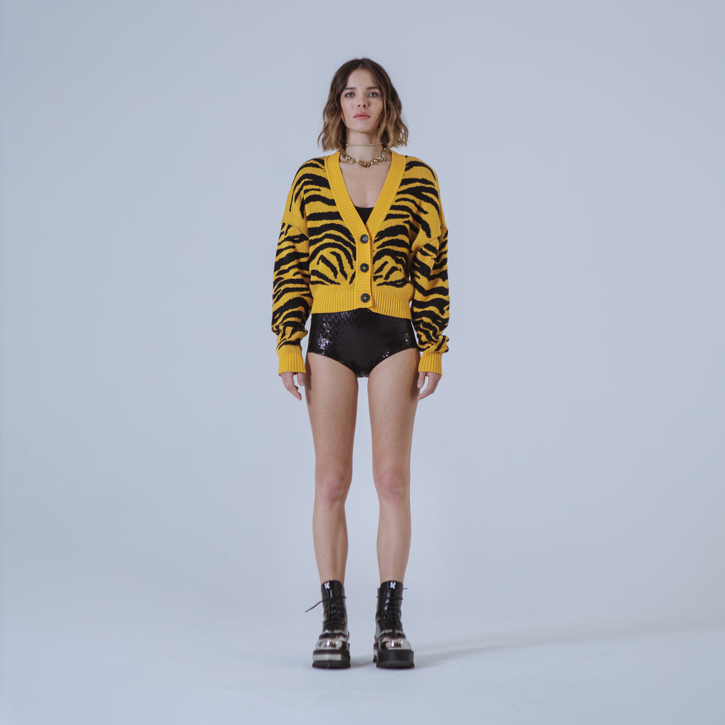 Sveta Milano Cardigan corto jacquard Dakota in giallo e nero In Linea