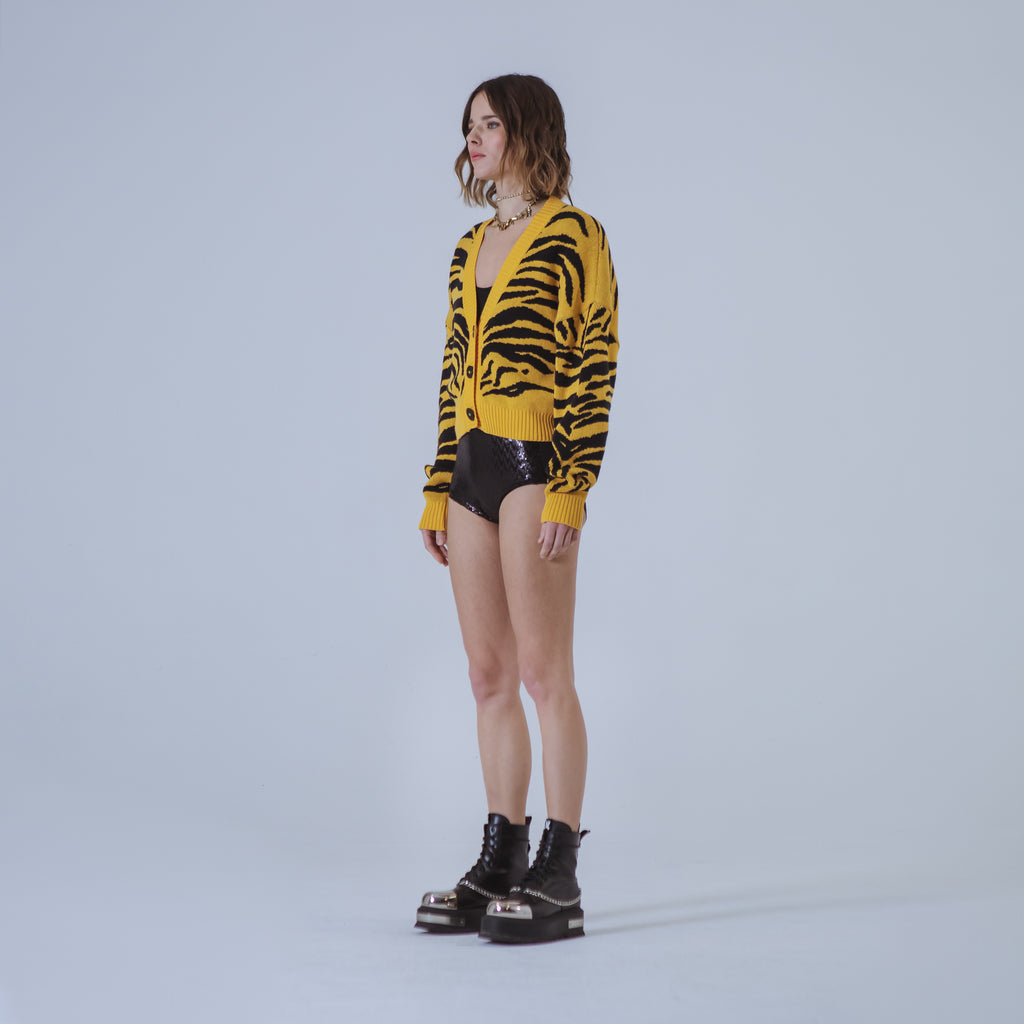 Sveta Milano Cardigan corto jacquard Dakota in giallo e nero In Linea