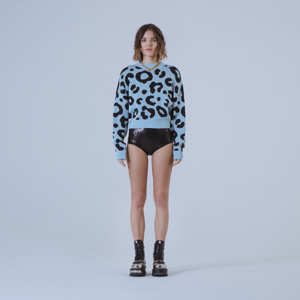 Sveta Milano Maglione girocollo jacquard Denver in azzurro e nero Nuovo
